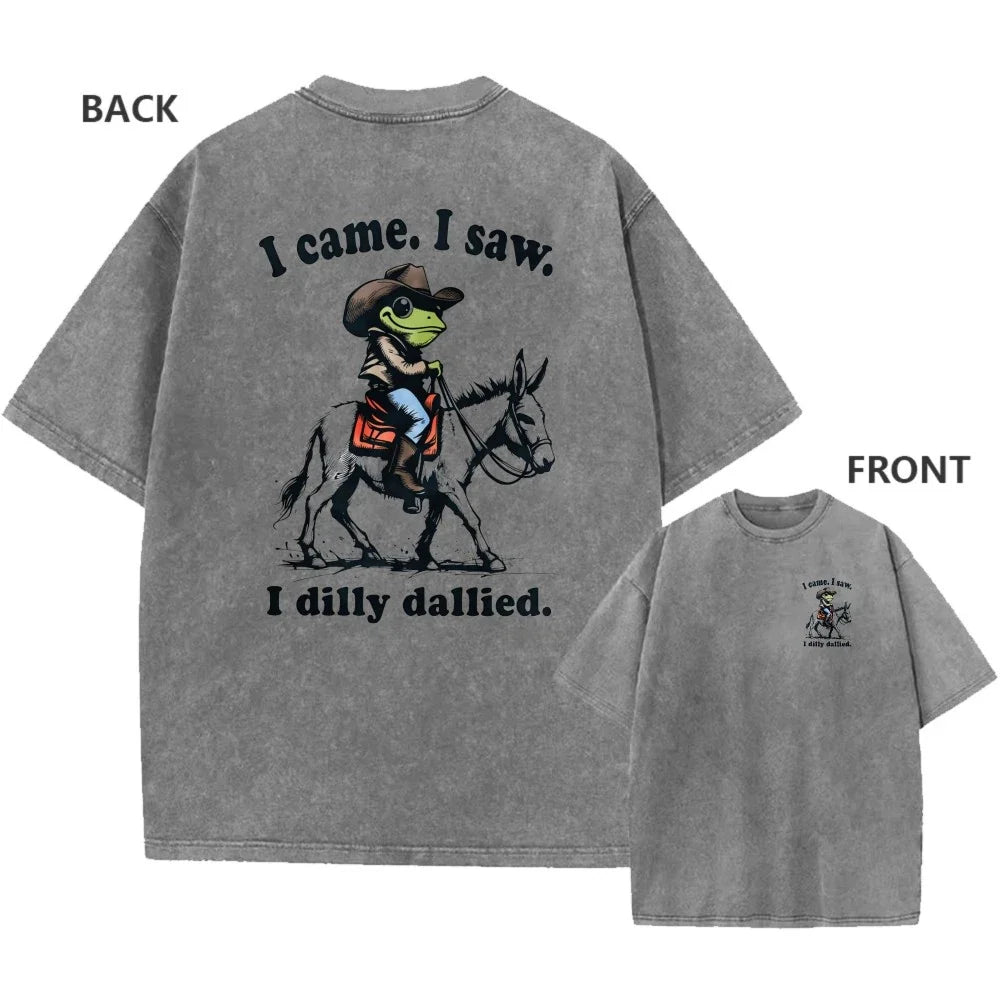 Men's Vintage Oversized Washed T-Shirt Retro Funny Cowboy Frog Casual Tee Unisex T-shirt, Sweatshirt, Hoodie, Long Sleeve Tee - T-Shirt, Sweatshirt, Hoodie