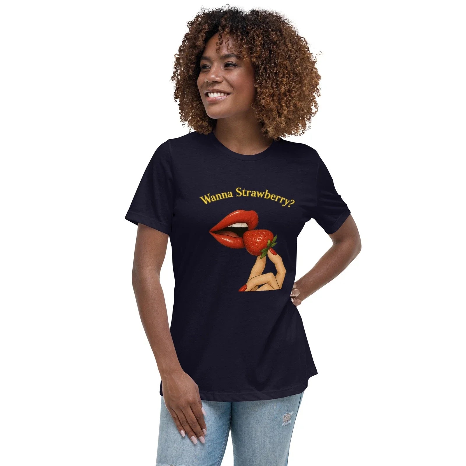 Wanna Strawberry? Glossy Lips & Berry Womens Relaxed T-Shirt | Pop Art Unisex T-shirt, Sweatshirt, Hoodie, Long Sleeve Tee - T-Shirt, Sweatshirt, Hoodie
