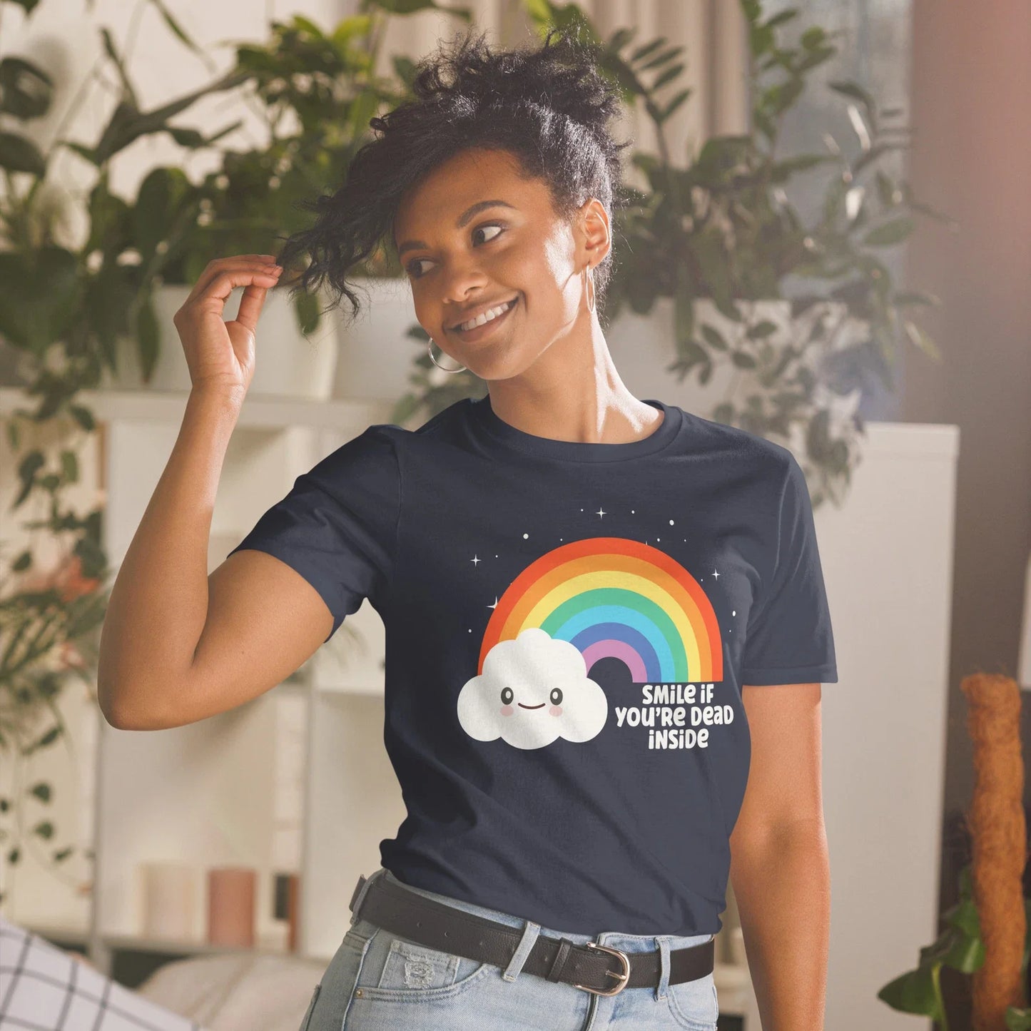 Funny Sarcastic Dark Humor Smiling Rainbow Dead Inside Adult Unisex T-Shirt Unisex T-shirt, Sweatshirt, Hoodie, Long Sleeve Tee - T-Shirt, Sweatshirt, Hoodie
