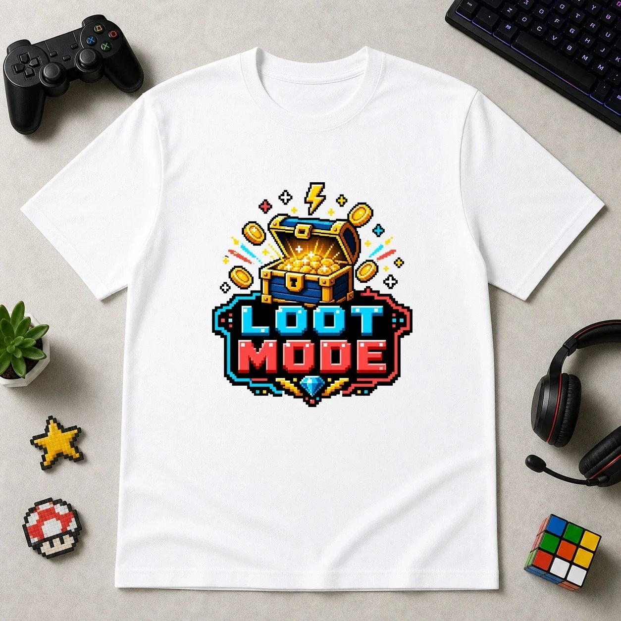 Loot Mode Treasure Chest T-Shirt Retro Pixel Gamer Tee Gift Unisex T-shirt, Sweatshirt, Hoodie, Long Sleeve Tee - T-Shirt, Sweatshirt, Hoodie