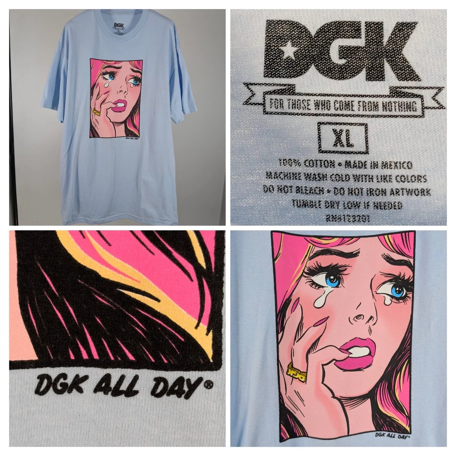 DGK All Day Crying Girl Pop Art T Shirt Lichtenstein Comic Graphic Tee Blue XL Unisex T-shirt, Sweatshirt, Hoodie, Long Sleeve Tee - T-Shirt, Sweatshirt, Hoodie