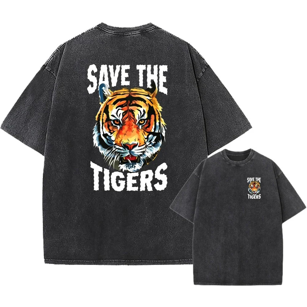 Men's Vintage Oversized Washed Tee,"Save The Tigers" Animal Print Casual T-Shirt Unisex T-shirt, Sweatshirt, Hoodie, Long Sleeve Tee - T-Shirt, Sweatshirt, Hoodie