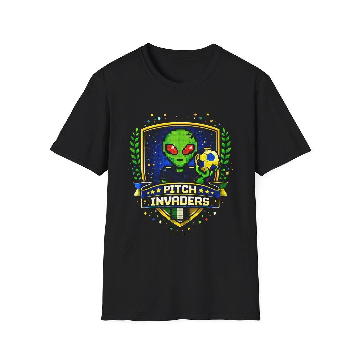Alien Soccer Crest T-Shirt Pitch Invaders Pixel Art Space Football Badge Tee Unisex T-shirt, Sweatshirt, Hoodie, Long Sleeve Tee - T-Shirt, Sweatshirt, Hoodie