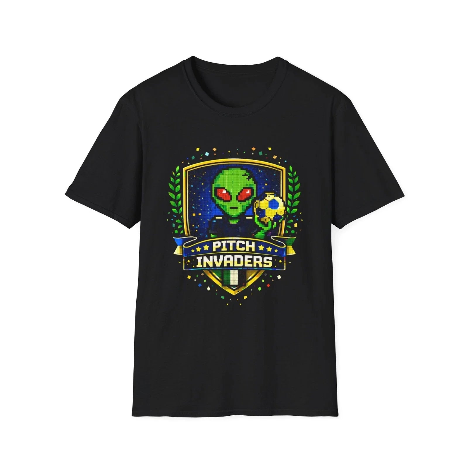 Alien Soccer Crest T-Shirt Pitch Invaders Pixel Art Space Football Badge Tee Unisex T-shirt, Sweatshirt, Hoodie, Long Sleeve Tee - T-Shirt, Sweatshirt, Hoodie