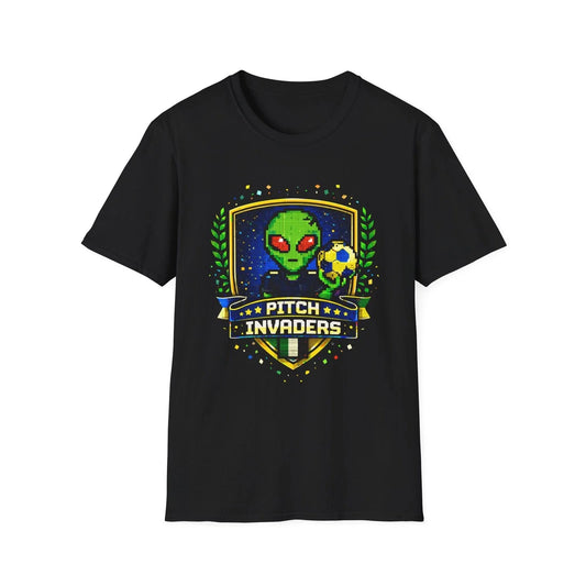 Alien Soccer Crest T-Shirt Pitch Invaders Pixel Art Space Football Badge Tee Unisex T-shirt, Sweatshirt, Hoodie, Long Sleeve Tee - T-Shirt, Sweatshirt, Hoodie