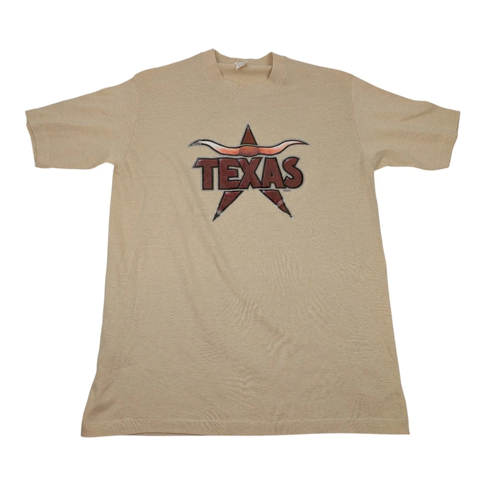 Vtg 70s Texas Star Horn Glitter T Shirt Iron On Graphic Paper Thin 50/50 Size L Unisex T-shirt, Sweatshirt, Hoodie, Long Sleeve Tee - T-Shirt, Sweatshirt, Hoodie