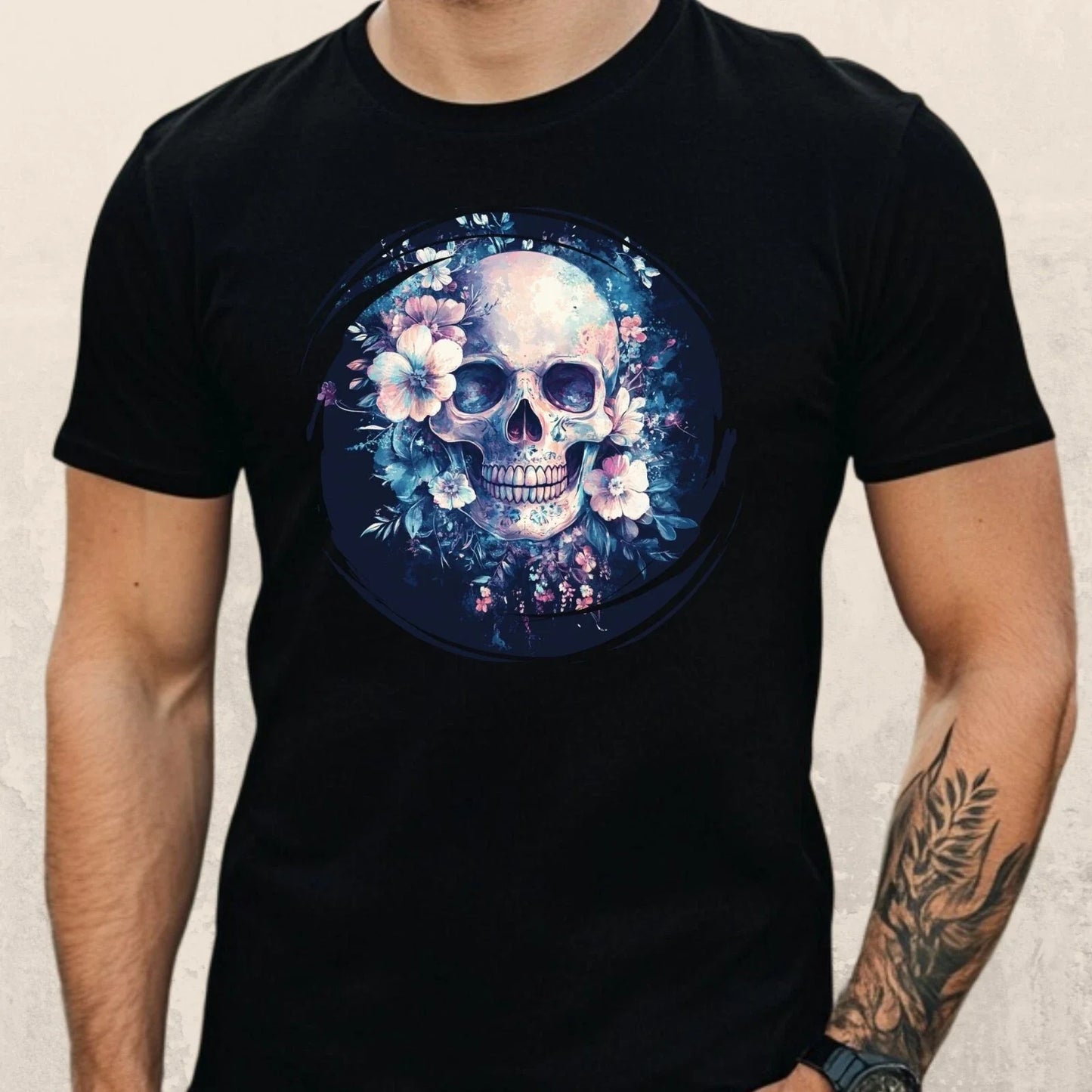 Mens Pastel Floral Skull Motif Cotton T-Shirt Size XS to 5XL Unisex T-shirt, Sweatshirt, Hoodie, Long Sleeve Tee - T-Shirt, Sweatshirt, Hoodie