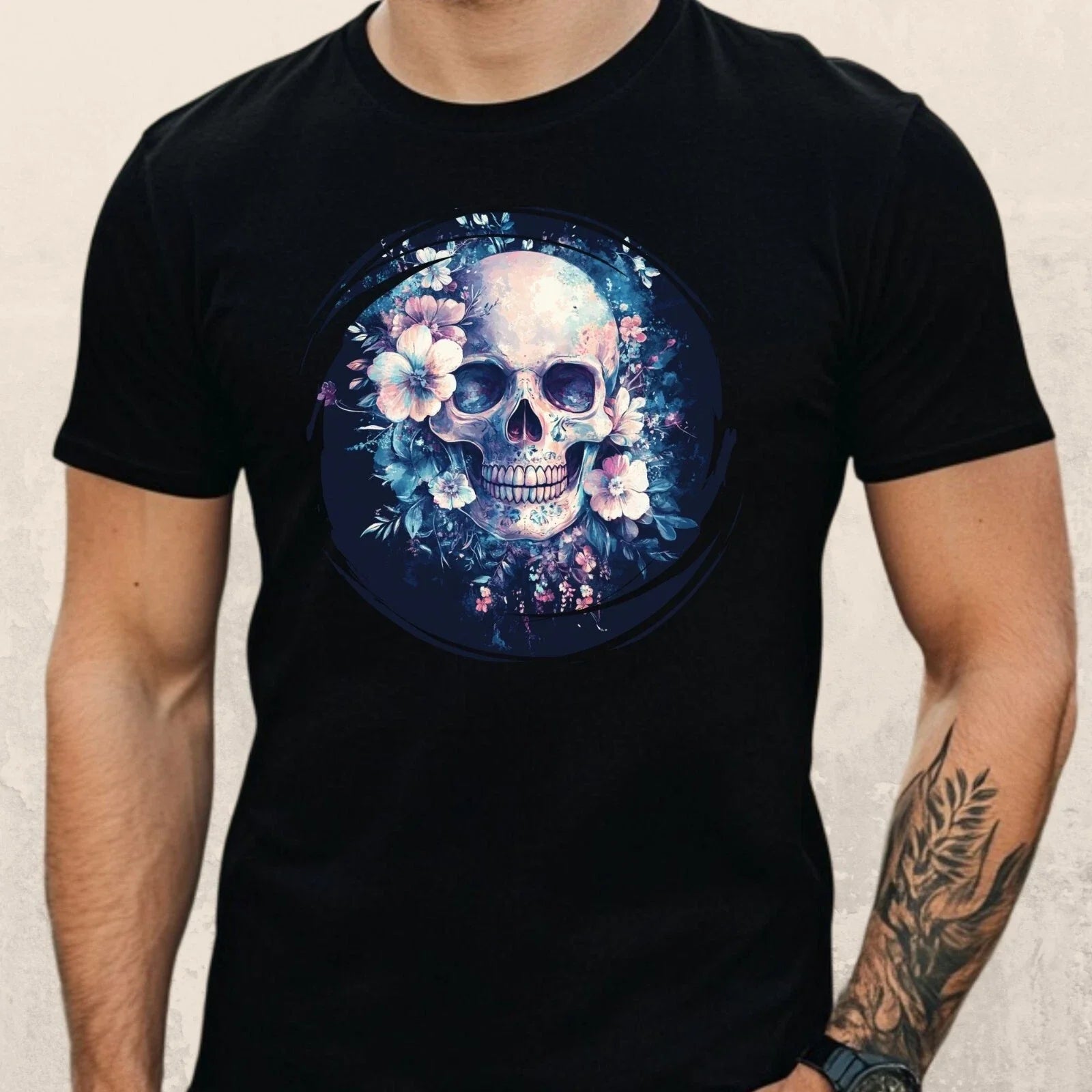 Mens Pastel Floral Skull Motif Cotton T-Shirt Size XS to 5XL Unisex T-shirt, Sweatshirt, Hoodie, Long Sleeve Tee - T-Shirt, Sweatshirt, Hoodie