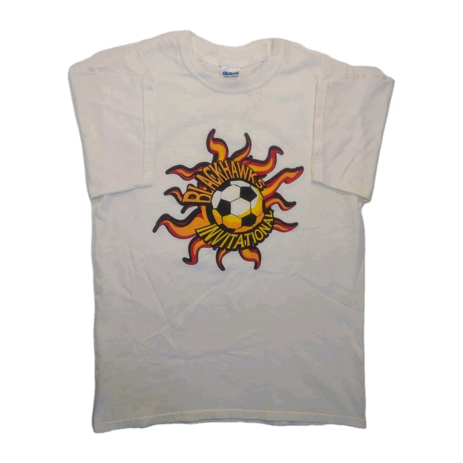 VTG BLACKHAWKS INVITATIONAL SOCCER FLAME WHITE GRAPHIC TEE UNISEX SIZE M Unisex T-shirt, Sweatshirt, Hoodie, Long Sleeve Tee - T-Shirt, Sweatshirt, Hoodie