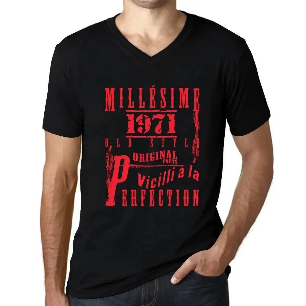 Men's Graphic T-Shirt V Neck Vintage Aged to Perfection 1971  Millsime Vieilli Unisex T-shirt, Sweatshirt, Hoodie, Long Sleeve Tee - T-Shirt, Sweatshirt, Hoodie