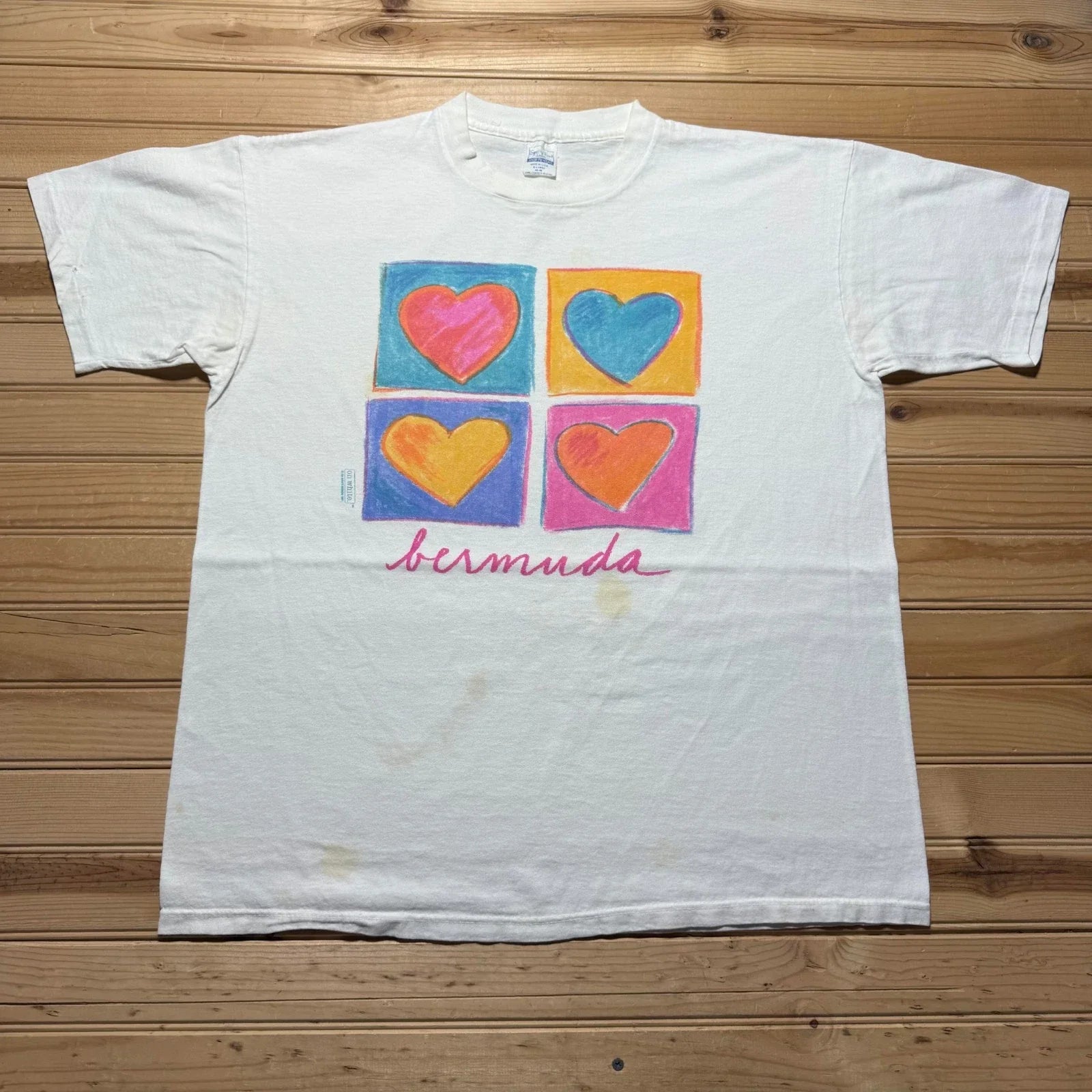 Vintage 1991 Bermuda Caribbean Pop Art Hearts Graphic Souvenir T-Shirt USA - XL Unisex T-shirt, Sweatshirt, Hoodie, Long Sleeve Tee - T-Shirt, Sweatshirt, Hoodie