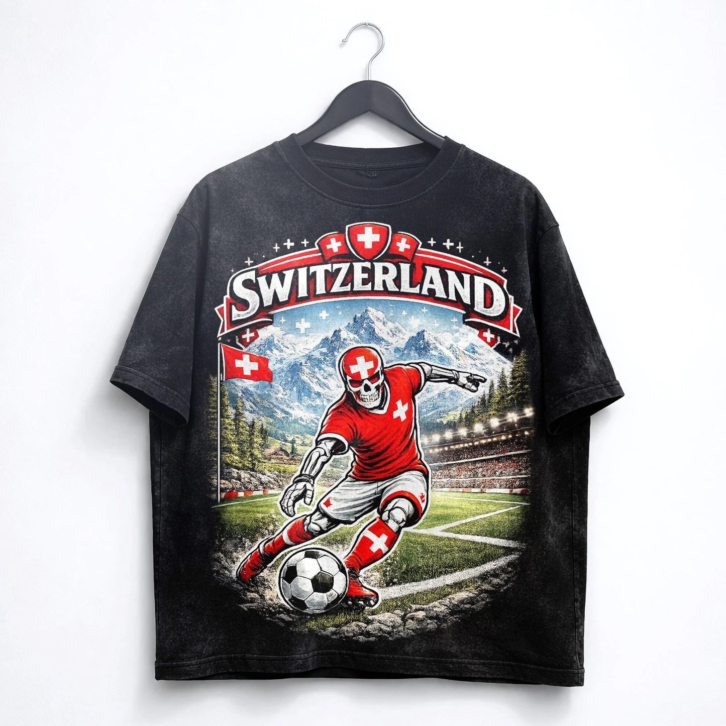 Switzerland Soccer Skull Washed T-Shirt Alpine Graphic Swiss Football Tee World Unisex T-shirt, Sweatshirt, Hoodie, Long Sleeve Tee - T-Shirt, Sweatshirt, Hoodie