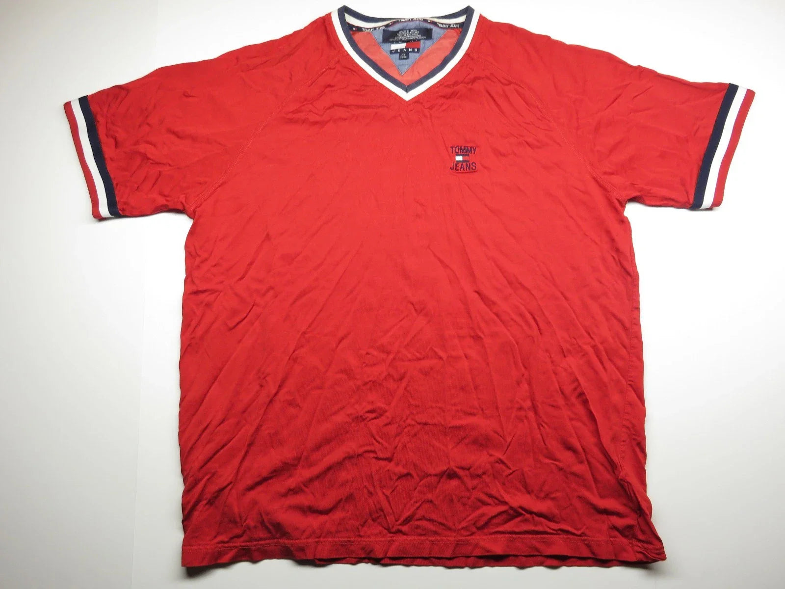 90s Red Tommy Jeans Soccer Style Jersey T-Shirt With Logo on Front Adult Size XL Unisex T-shirt, Sweatshirt, Hoodie, Long Sleeve Tee - T-Shirt, Sweatshirt, Hoodie