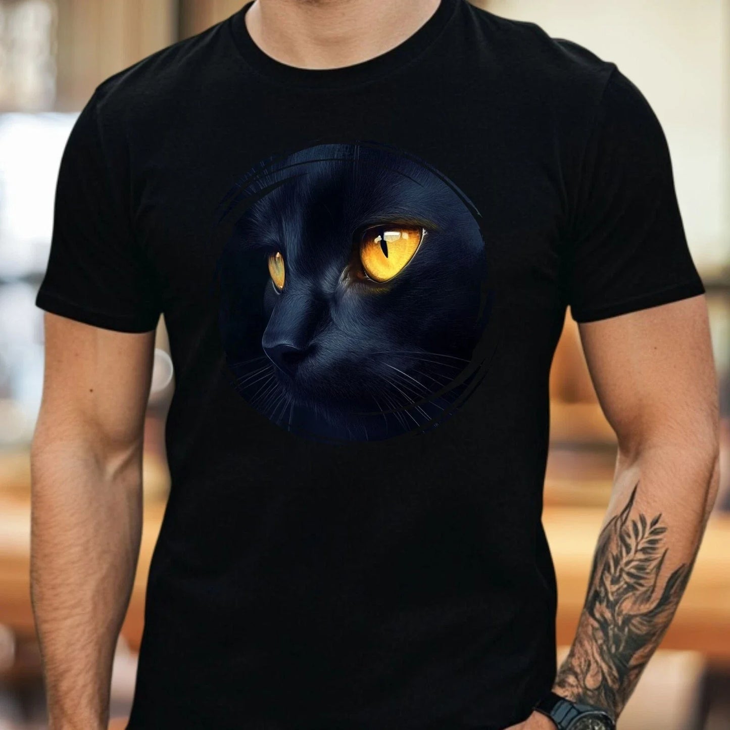 Mens Black Cat With Yellow Eyes Motif Cotton T-Shirt Size XS to 5XL Unisex T-shirt, Sweatshirt, Hoodie, Long Sleeve Tee - T-Shirt, Sweatshirt, Hoodie