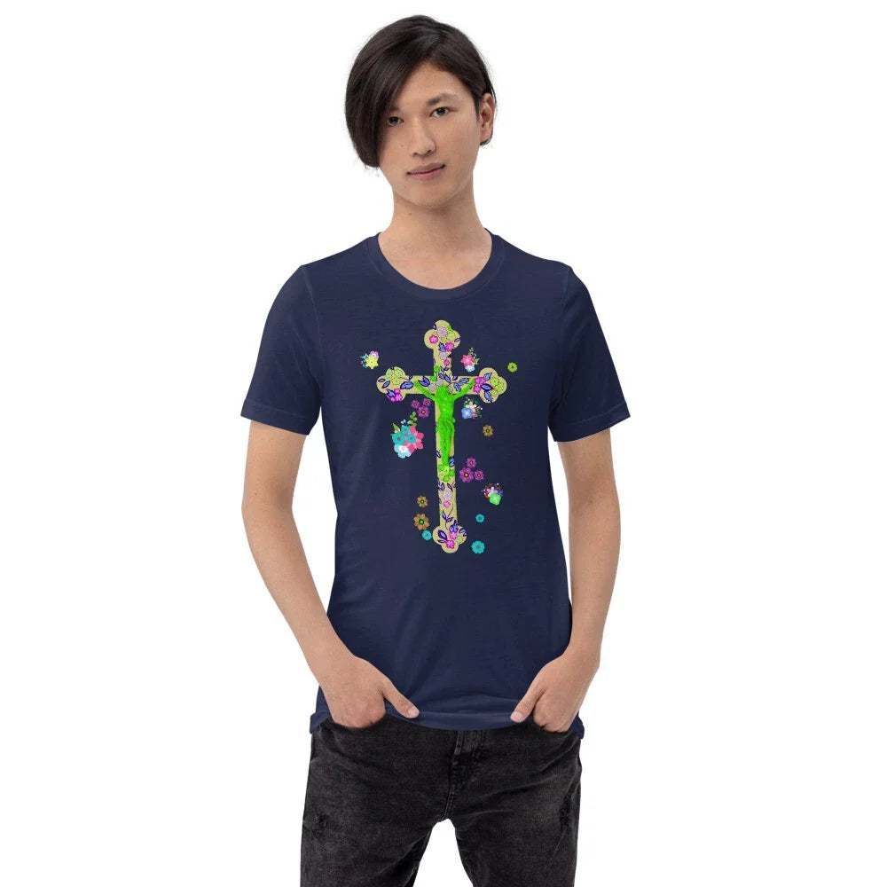 Short-Sleeve Unisex T-Shirt Pop-Art Christian crucifix with Flowers Unisex T-shirt, Sweatshirt, Hoodie, Long Sleeve Tee - T-Shirt, Sweatshirt, Hoodie
