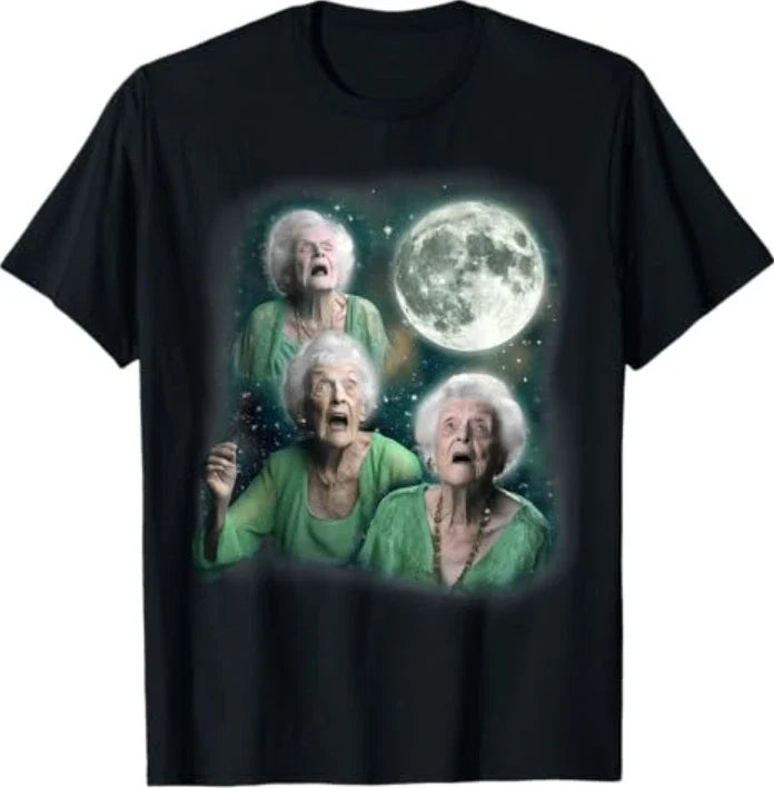 Three Granny Moon | 3 Old Ladys Howling Weird Cursed Meme T-Shirt Unisex T-shirt, Sweatshirt, Hoodie, Long Sleeve Tee - T-Shirt, Sweatshirt, Hoodie
