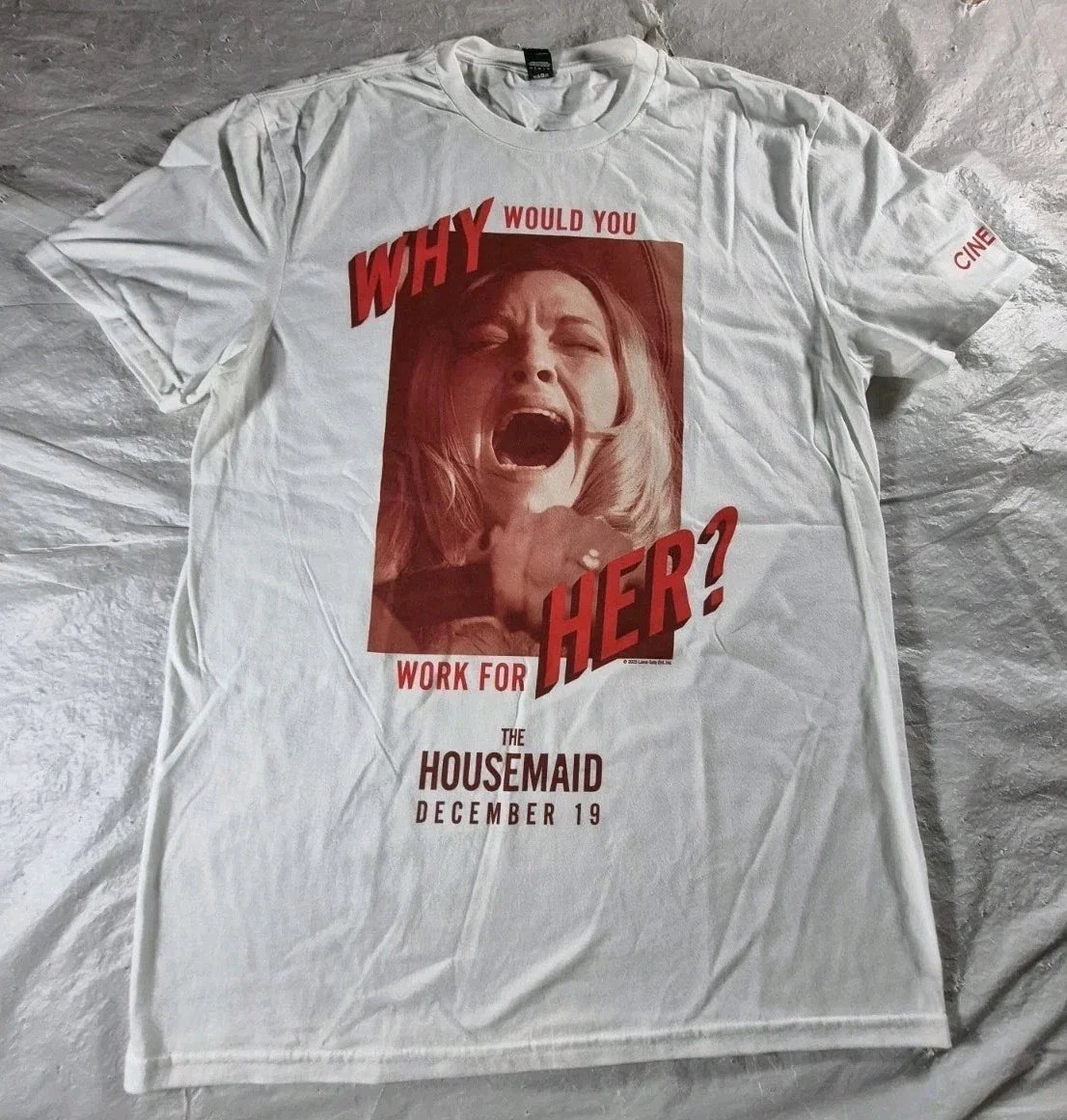 The Housemaid Cinemark Exclusive Amanda Seyfried Movie Promo White TShirt Medium Unisex T-shirt, Sweatshirt, Hoodie, Long Sleeve Tee - T-Shirt, Sweatshirt, Hoodie