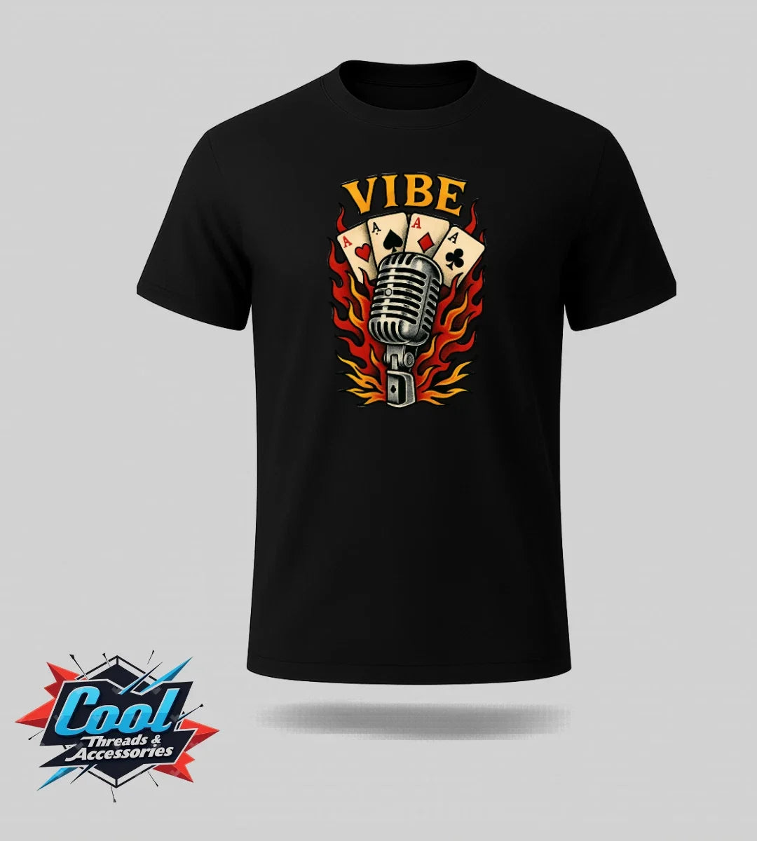 Cool Threads Unisex T Shirt Vibe Microphone Poker Playing Cards Flames Black Whi Unisex T-shirt, Sweatshirt, Hoodie, Long Sleeve Tee - T-Shirt, Sweatshirt, Hoodie