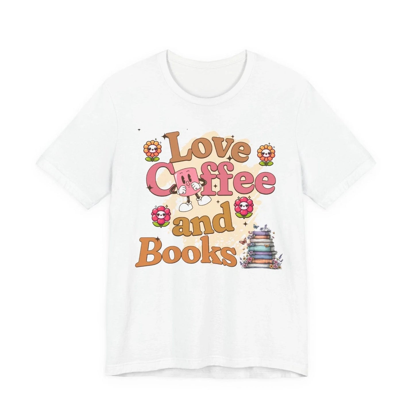 T- shirt Love Coffee and Books Tee | Cute Donut & Stack of Books Design Unisex T-shirt, Sweatshirt, Hoodie, Long Sleeve Tee - T-Shirt, Sweatshirt, Hoodie