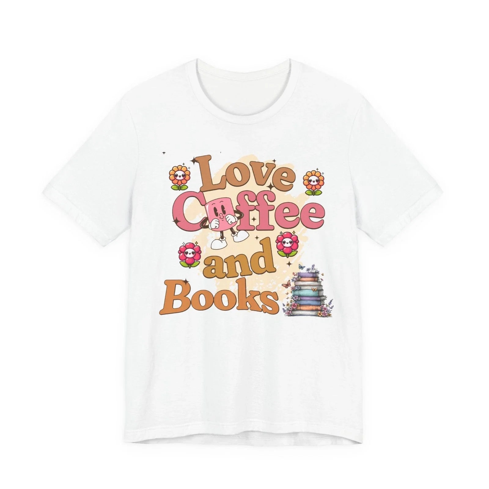 T- shirt Love Coffee and Books Tee | Cute Donut & Stack of Books Design Unisex T-shirt, Sweatshirt, Hoodie, Long Sleeve Tee - T-Shirt, Sweatshirt, Hoodie