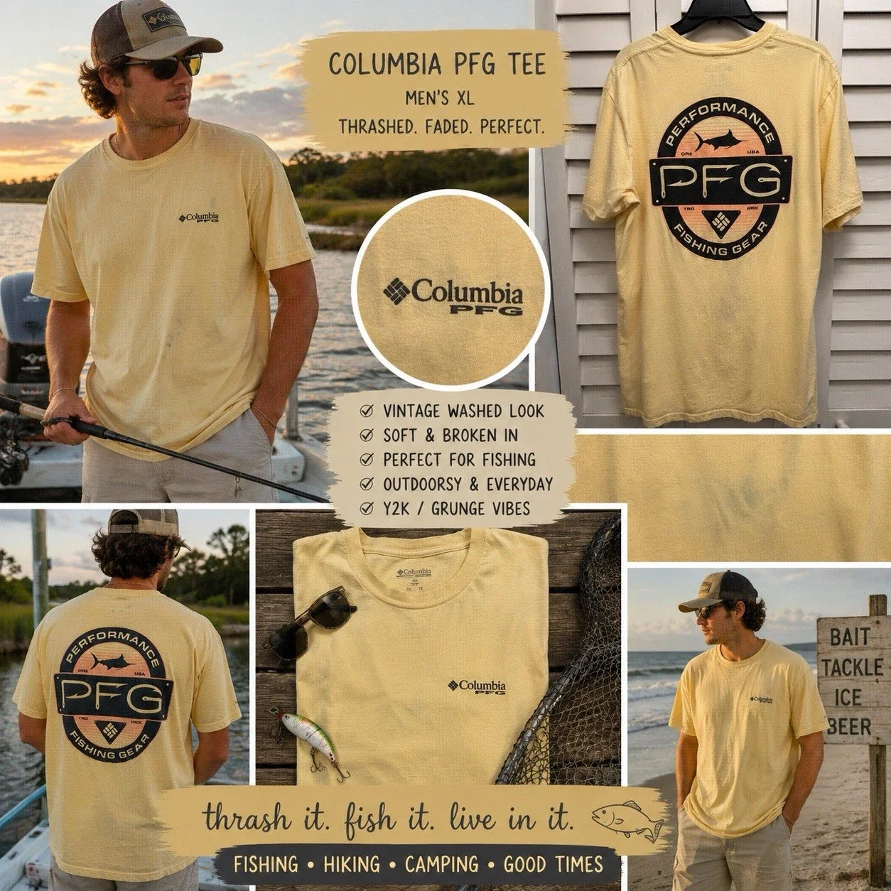 Columbia PFG Shirt Men XL Yellow Thrashed Distressed Fishing Y2K Grunge Tee Gorp Unisex T-shirt, Sweatshirt, Hoodie, Long Sleeve Tee - T-Shirt, Sweatshirt, Hoodie