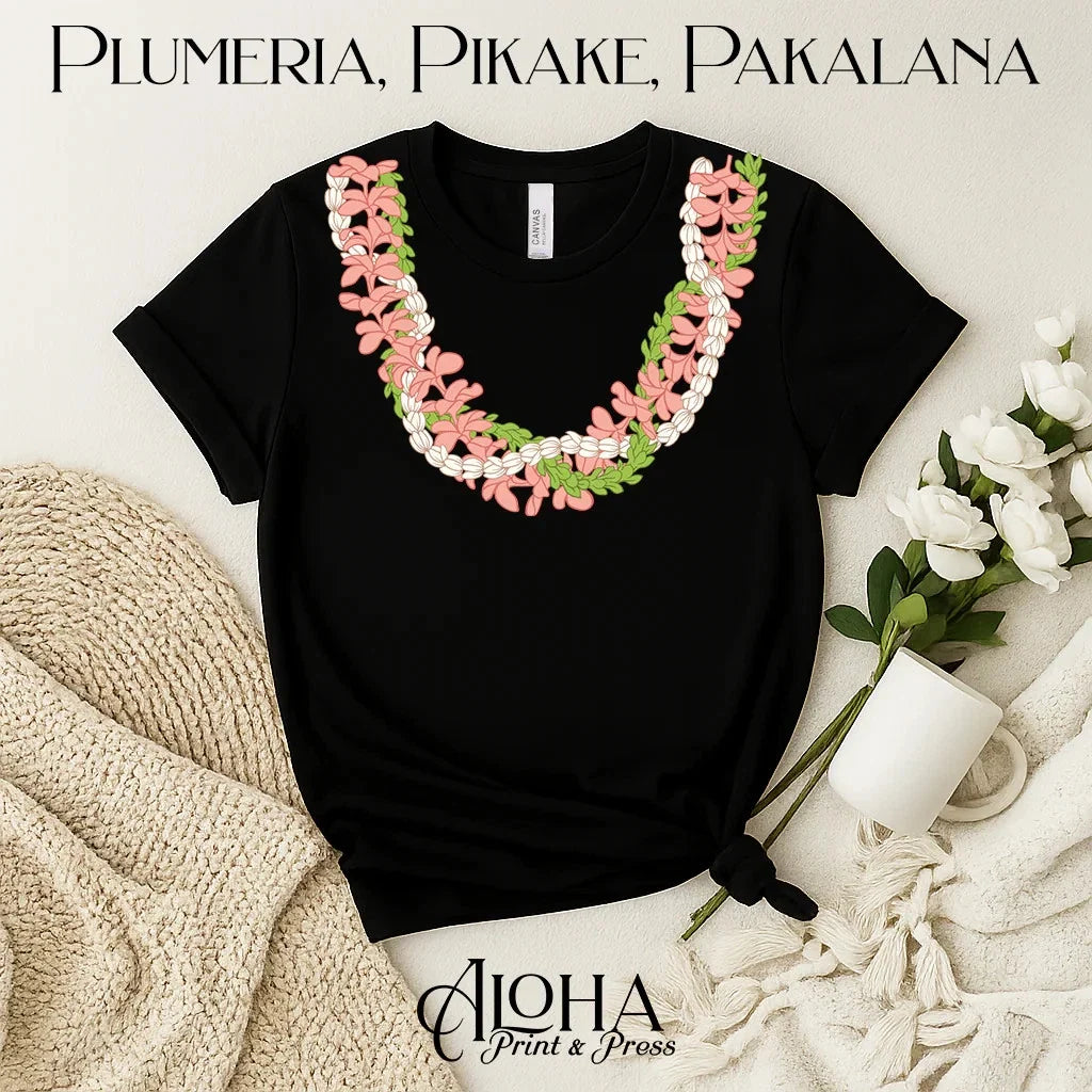 Hawaiian Lei Shirt  Plumeria & Pikake Floral Tee Unisex T-shirt, Sweatshirt, Hoodie, Long Sleeve Tee - T-Shirt, Sweatshirt, Hoodie