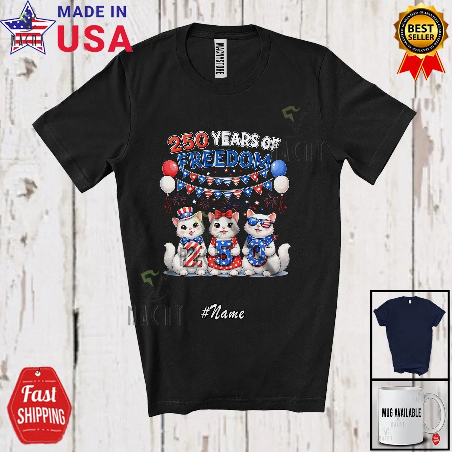 Custom Name 250 Years Of Freedom; Lovely 4th Of July Cat Patriotic T-Shirt Unisex T-shirt, Sweatshirt, Hoodie, Long Sleeve Tee - T-Shirt, Sweatshirt, Hoodie