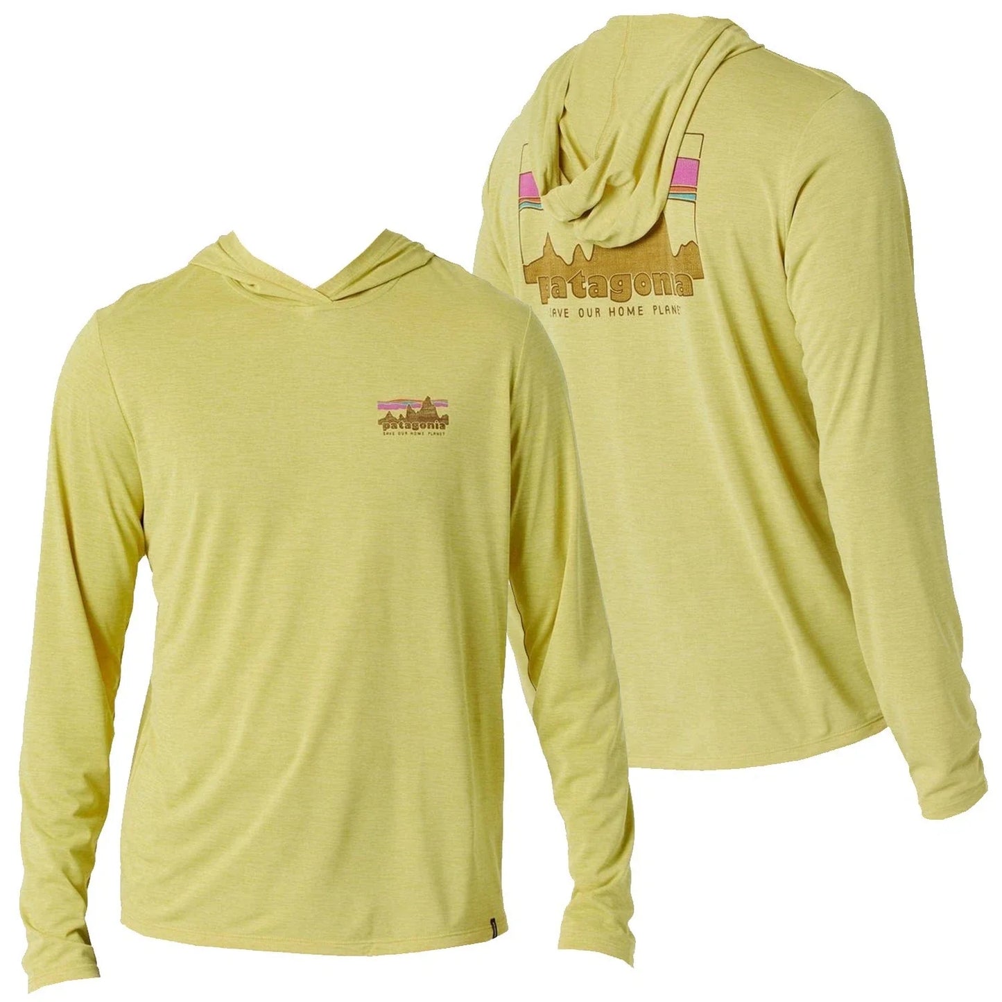 Patagonia Men Capilene Cool Daily Hoody '73 Skyline L/S T-shirt Limestone Yellow Unisex T-shirt, Sweatshirt, Hoodie, Long Sleeve Tee - T-Shirt, Sweatshirt, Hoodie