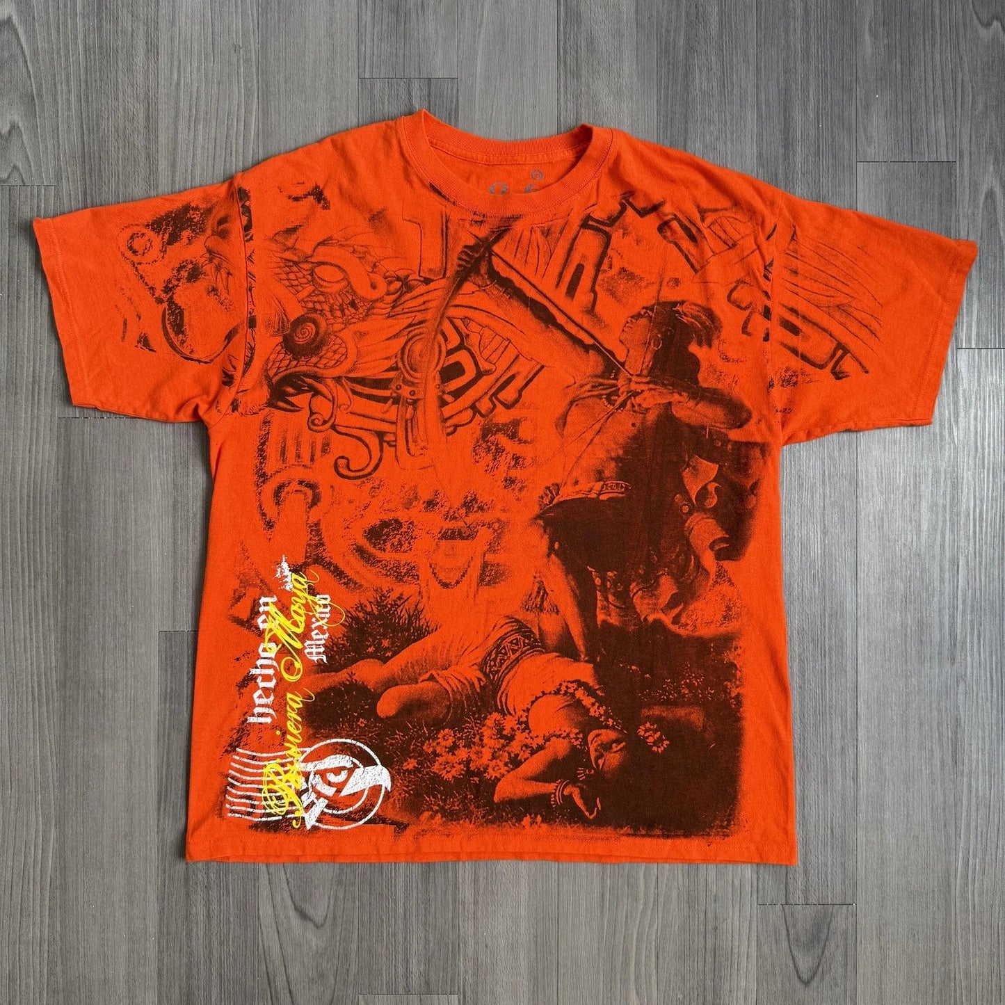 Sacbe Shirt Mens XL Orange Aztec Warrior Graphic Mexico Tee Cotton Allover Unisex T-shirt, Sweatshirt, Hoodie, Long Sleeve Tee - T-Shirt, Sweatshirt, Hoodie