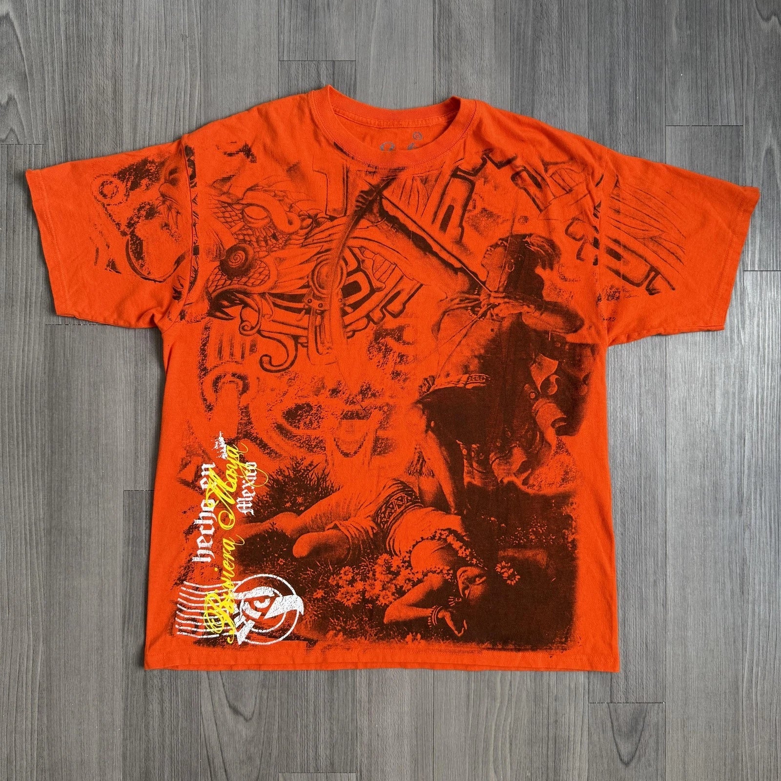 Sacbe Shirt Mens XL Orange Aztec Warrior Graphic Mexico Tee Cotton Allover Unisex T-shirt, Sweatshirt, Hoodie, Long Sleeve Tee - T-Shirt, Sweatshirt, Hoodie