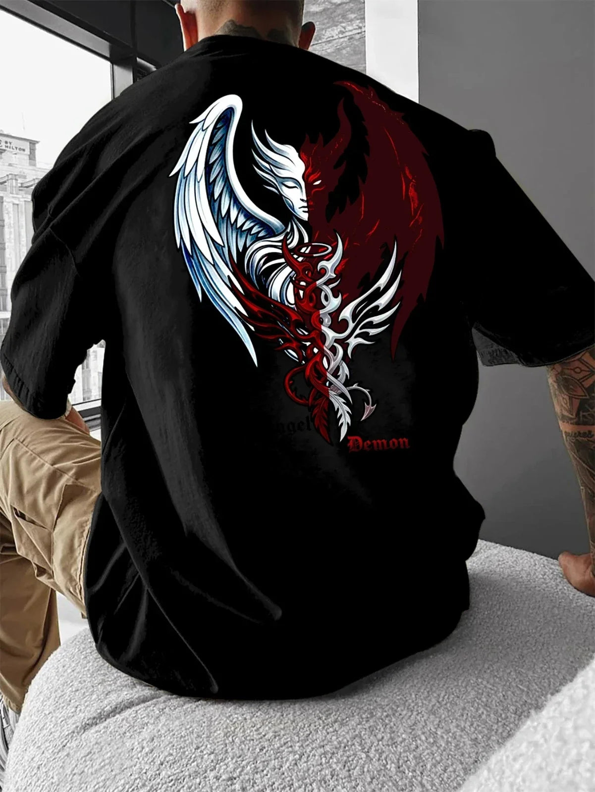 Men's Streetwear T-Shirt Angel Demon Half Face Graphic Print Crew Neck Unisex T-shirt, Sweatshirt, Hoodie, Long Sleeve Tee - T-Shirt, Sweatshirt, Hoodie