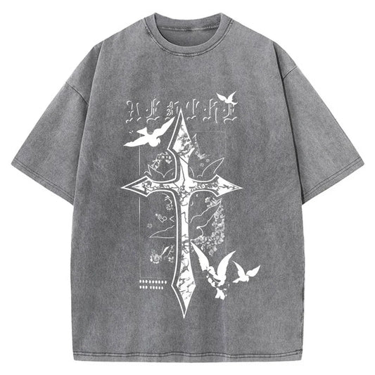 100% Cotton Oversized T-Shirt, Floral Cross Doves Vintage Streetwear Unisex Tee Unisex T-shirt, Sweatshirt, Hoodie, Long Sleeve Tee - T-Shirt, Sweatshirt, Hoodie