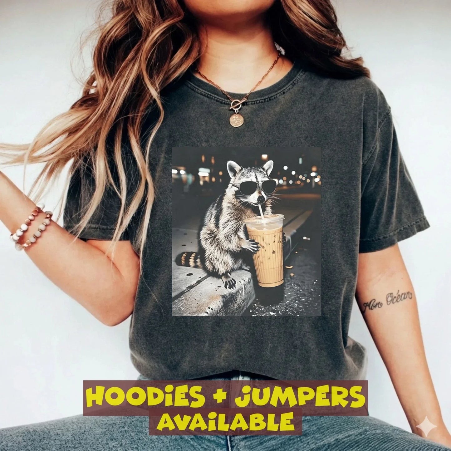 Funny Raccoon Coffee T-Shirt Cute Animal Graphic Streetwear Tee Unisex T-shirt, Sweatshirt, Hoodie, Long Sleeve Tee - T-Shirt, Sweatshirt, Hoodie