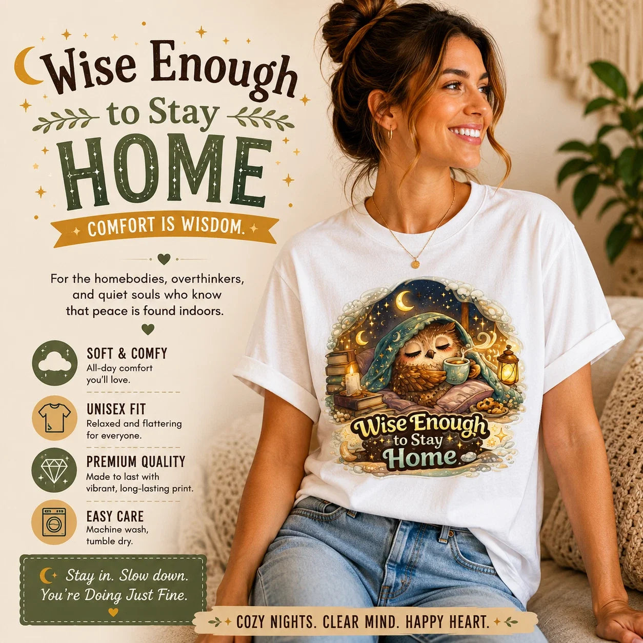 Wise Enough to Stay Home Owl T-Shirt Cozy Homebody Graphic Tee Gift Unisex T-shirt, Sweatshirt, Hoodie, Long Sleeve Tee - T-Shirt, Sweatshirt, Hoodie