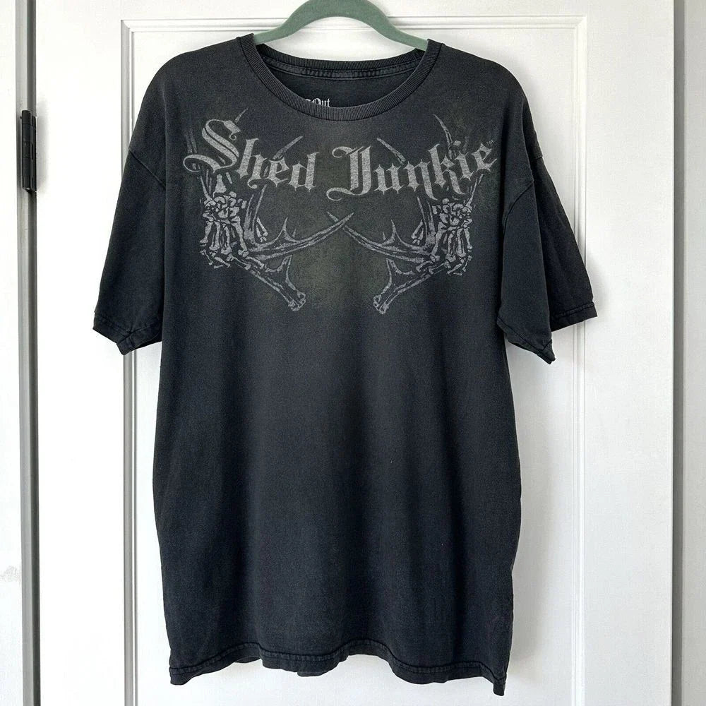 Rut Junkie Y2K Affliction-Style Grunge Skater T-Shirt Large Shed Junkie Grey Unisex T-shirt, Sweatshirt, Hoodie, Long Sleeve Tee - T-Shirt, Sweatshirt, Hoodie
