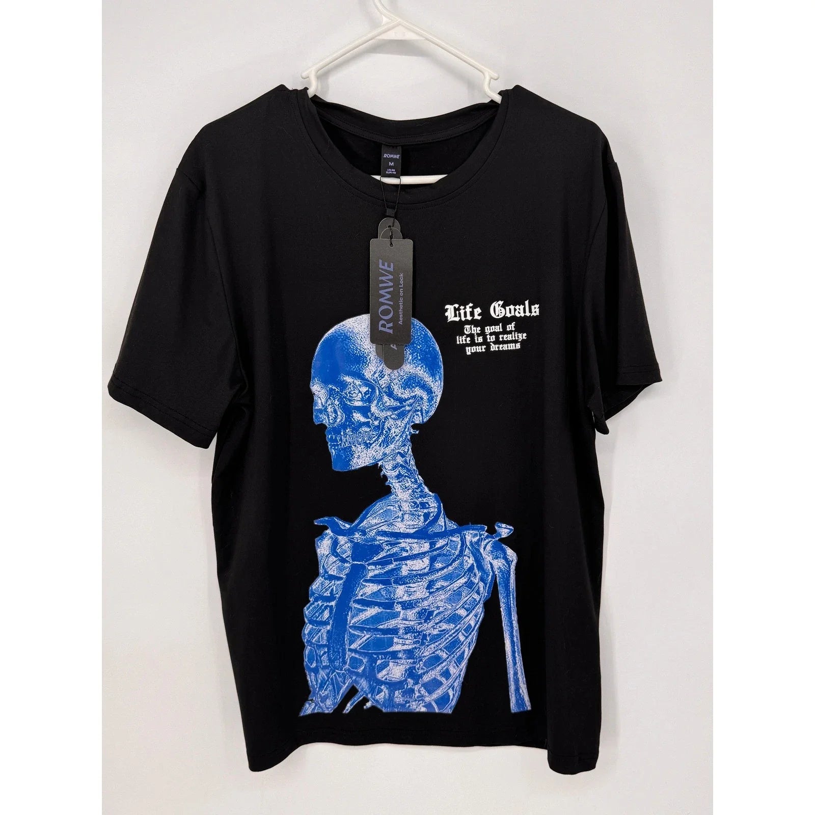 Romwe Graphic Tee Mens Medium Black New Skeleton Life Goals Blue Goth Streetwear Unisex T-shirt, Sweatshirt, Hoodie, Long Sleeve Tee - T-Shirt, Sweatshirt, Hoodie