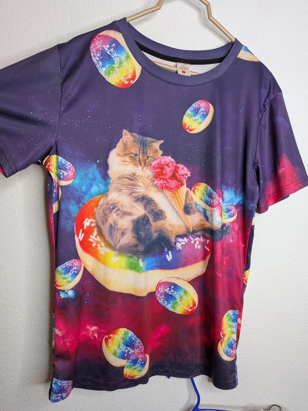 Funny Galaxy Cat Donut Ice Cream Graphic T-Shirt Purple Size Large Unisex T-shirt, Sweatshirt, Hoodie, Long Sleeve Tee - T-Shirt, Sweatshirt, Hoodie