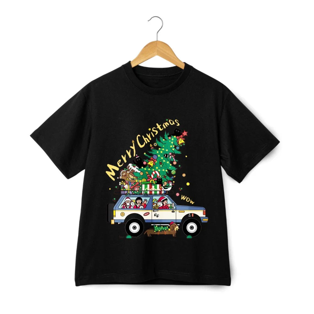 Santa & Pup Christmas Car Graphic T-Shirt-Unisex Festive Casual Holiday Tee Unisex T-shirt, Sweatshirt, Hoodie, Long Sleeve Tee - T-Shirt, Sweatshirt, Hoodie