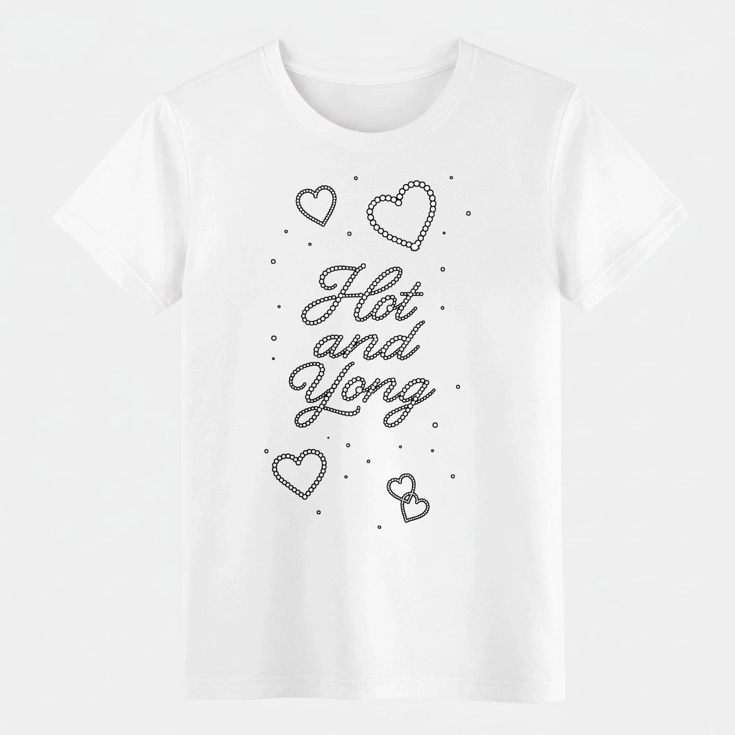 "Hot and Young" Rhinestone-Style Graphic T-Shirt, Cute Hearts Casual Cotton Tee Unisex T-shirt, Sweatshirt, Hoodie, Long Sleeve Tee - T-Shirt, Sweatshirt, Hoodie