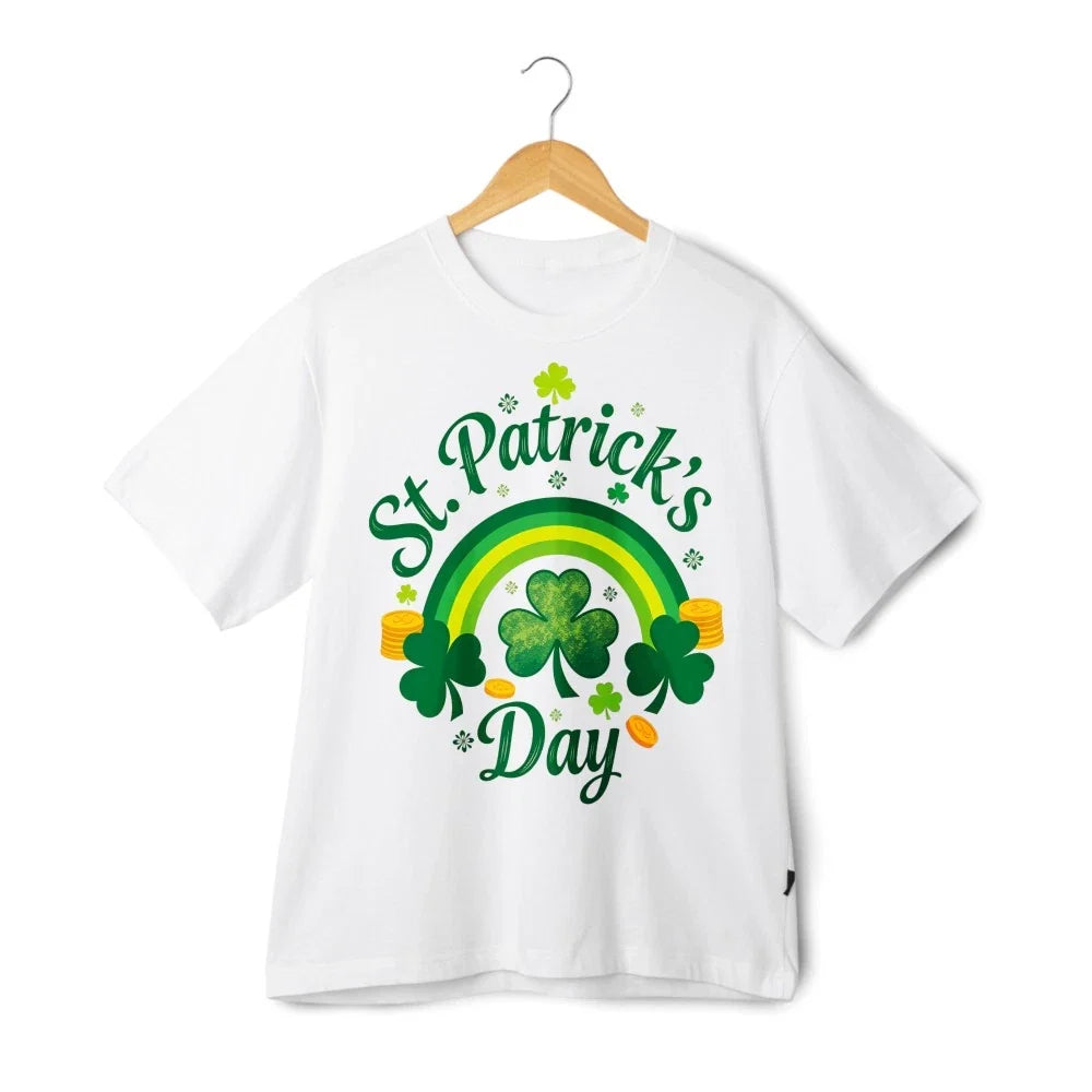 Unisex Tshirt St Patrick's Day Shamrock Rainbow Clover Lucky Coins Black White Unisex T-shirt, Sweatshirt, Hoodie, Long Sleeve Tee - T-Shirt, Sweatshirt, Hoodie