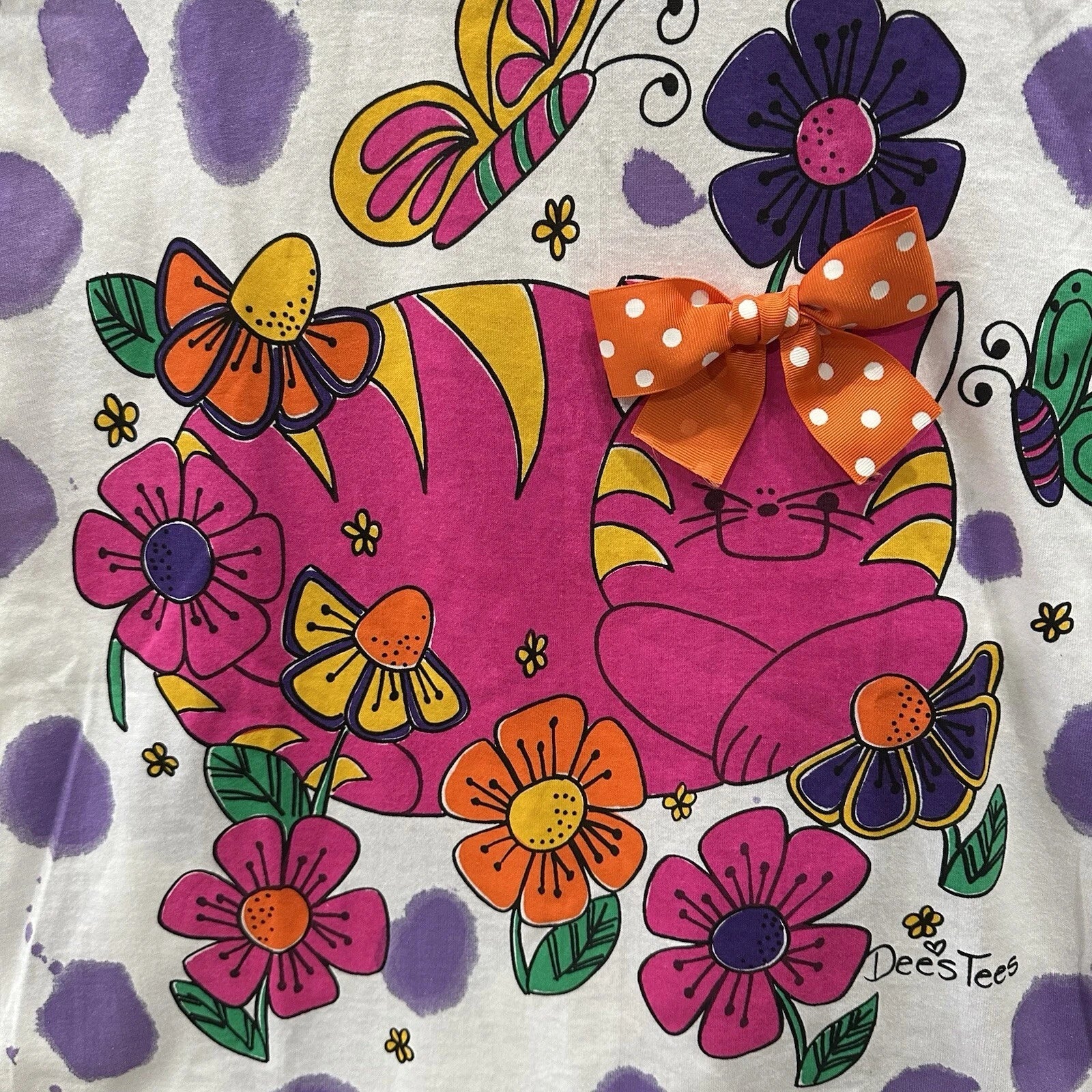 VTG  Hand Painted Fat Kitty M-L 90's Tee Polka Dots Colorful Cat Artsy Unisex T-shirt, Sweatshirt, Hoodie, Long Sleeve Tee - T-Shirt, Sweatshirt, Hoodie