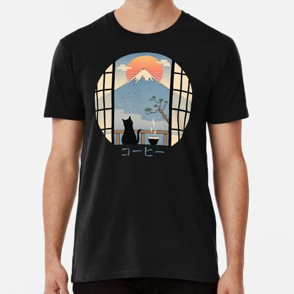 Coffee Cat in Mt. Fuji T-Shirt S-5XL Best T-Shirt Unisex T-shirt, Sweatshirt, Hoodie, Long Sleeve Tee - T-Shirt, Sweatshirt, Hoodie