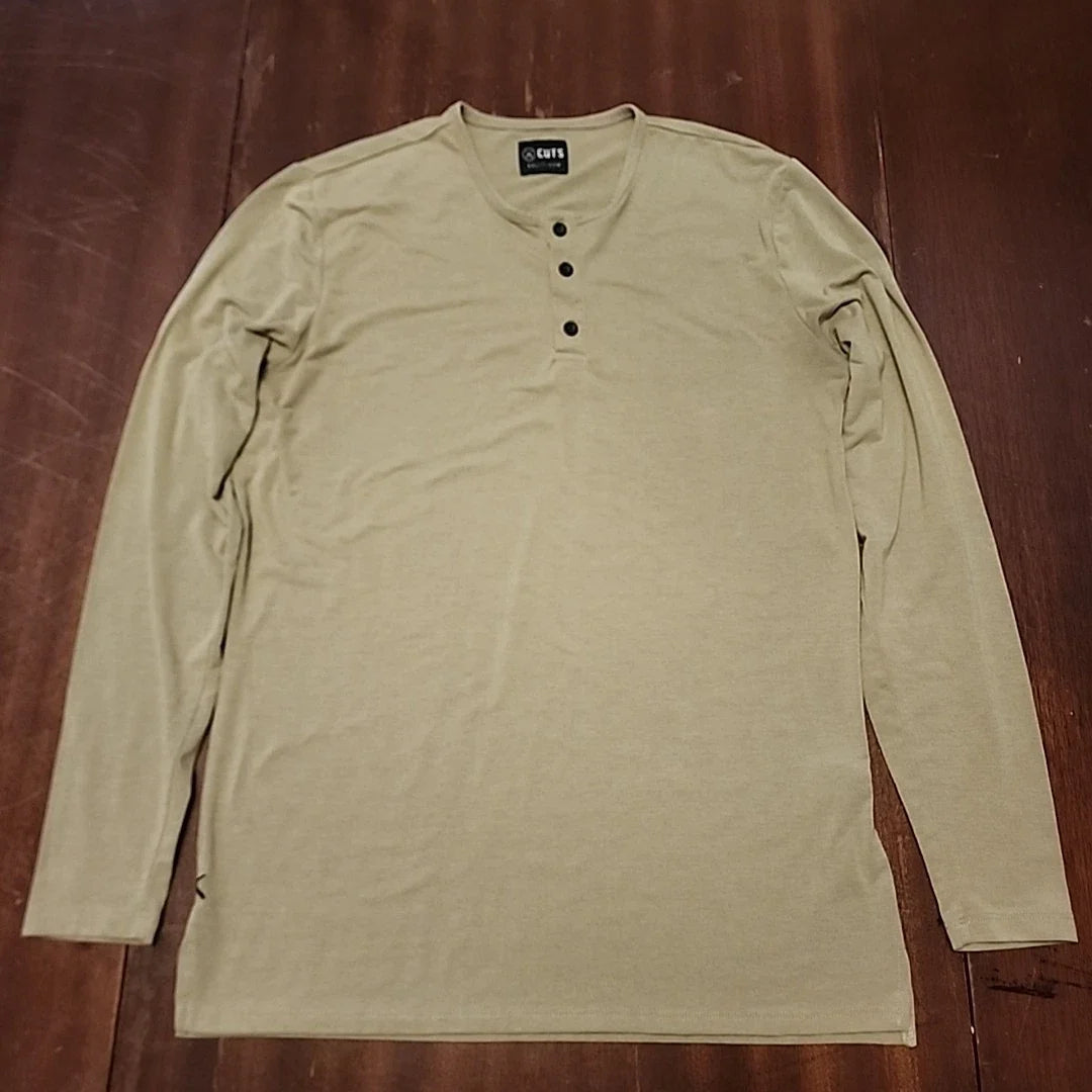 Cuts Split Hem Army Green Y2K Mens 3 Button Henley Long Sleeve Shirt Grunge Med Unisex T-shirt, Sweatshirt, Hoodie, Long Sleeve Tee - T-Shirt, Sweatshirt, Hoodie