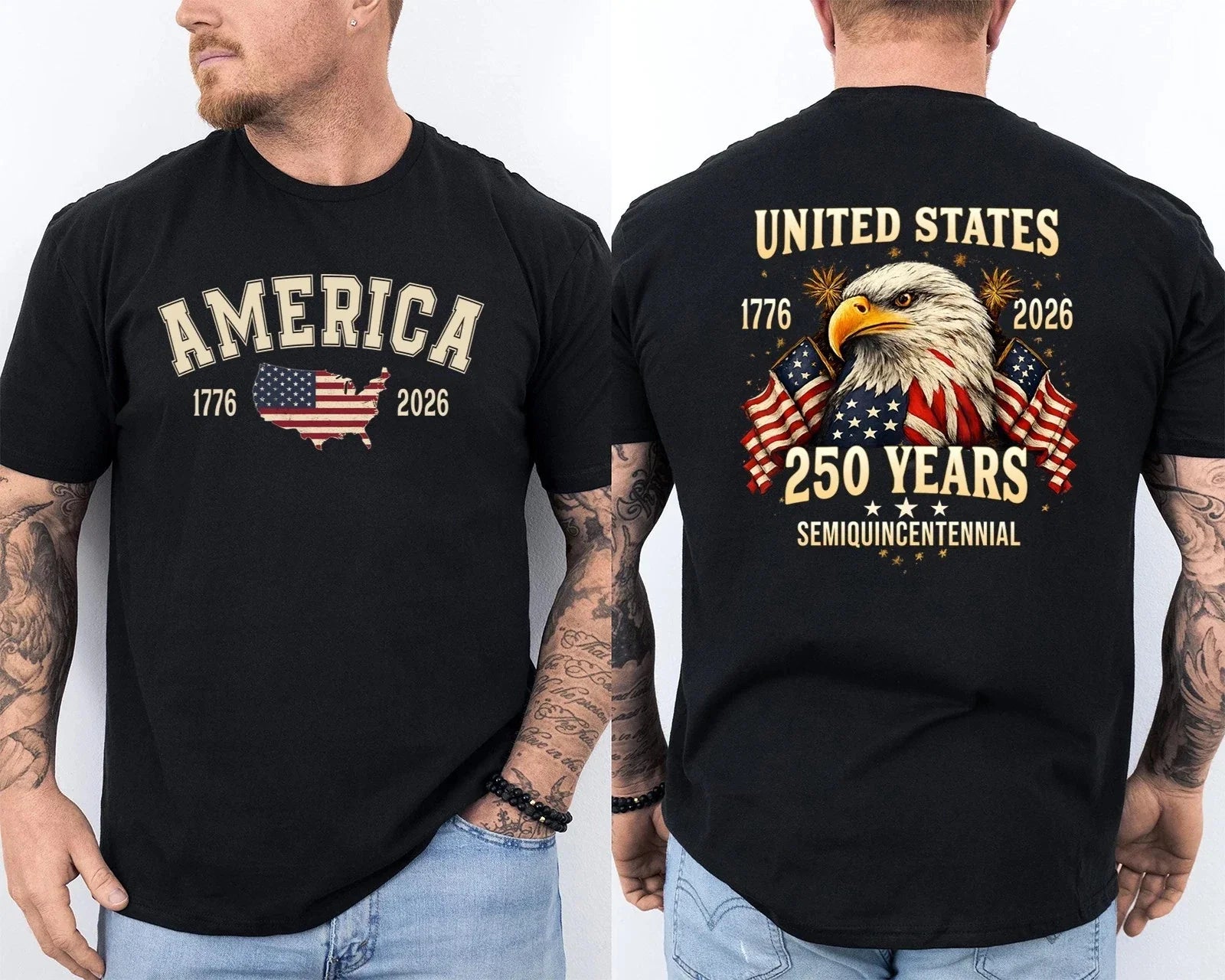 250 Years American Flag 250th Anniversary USA Bald Eagle Front & Back T-Shirt Unisex T-shirt, Sweatshirt, Hoodie, Long Sleeve Tee - T-Shirt, Sweatshirt, Hoodie