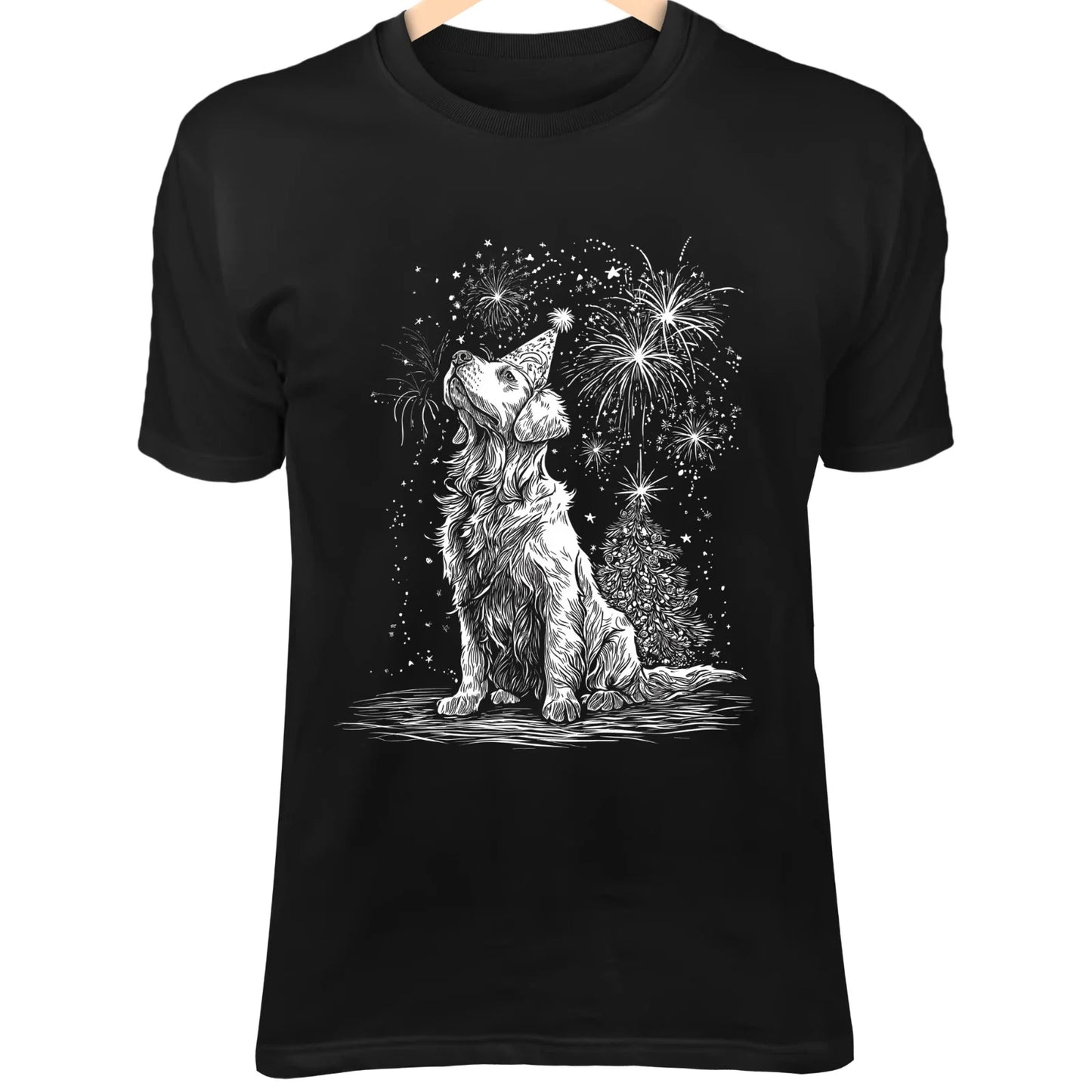 Holiday Dog Art - Cute Minimalist with Party Hat, Fireworks & Christmas Tree Unisex T-shirt, Sweatshirt, Hoodie, Long Sleeve Tee - T-Shirt, Sweatshirt, Hoodie