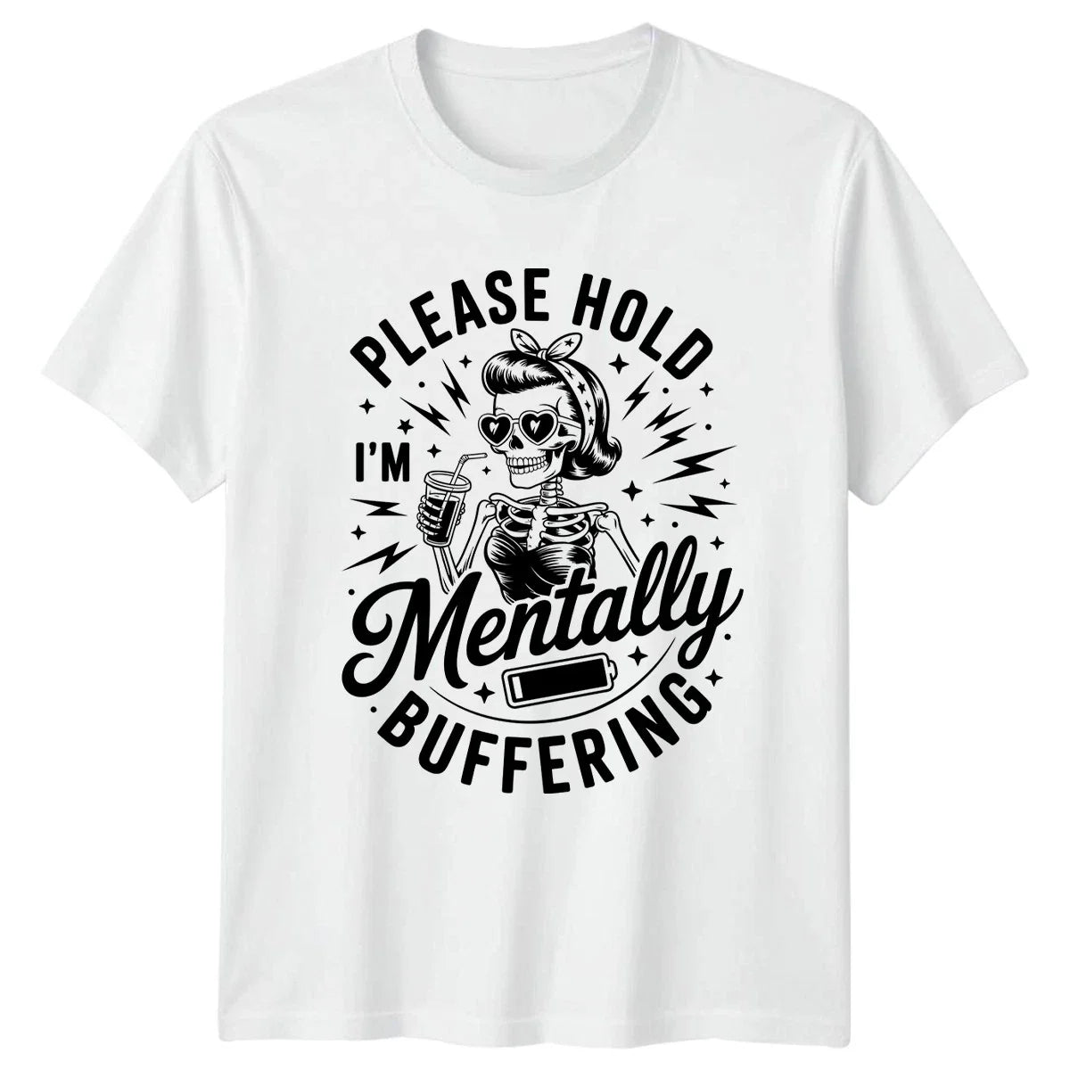 Please Hold Im Mentally Buffering Womens T-Shirt Pinup Skeleton Introvert Humor Unisex T-shirt, Sweatshirt, Hoodie, Long Sleeve Tee - T-Shirt, Sweatshirt, Hoodie