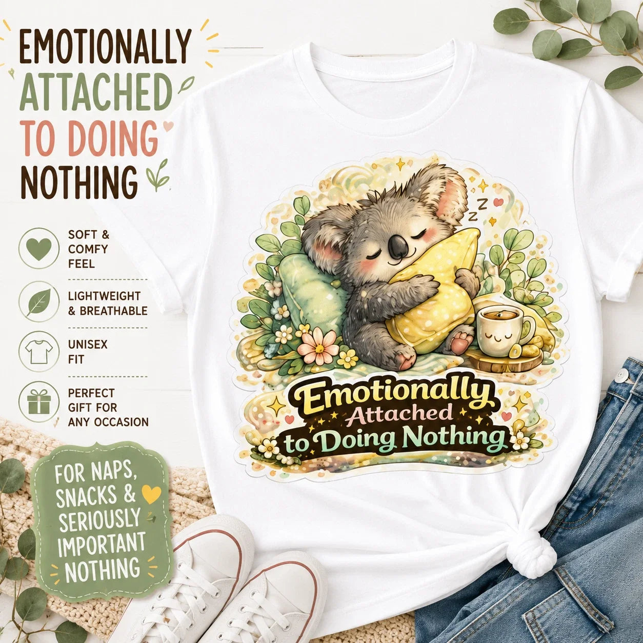 Emotionally Attached to Doing Nothing Koala T-Shirt Funny Lazy Day Tee Unisex T-shirt, Sweatshirt, Hoodie, Long Sleeve Tee - T-Shirt, Sweatshirt, Hoodie
