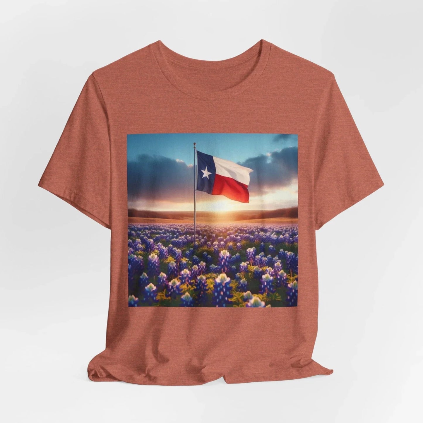 Unisex Jersey Short Sleeve Tee: Texas Flag w/ Bluebonnets Unisex T-shirt, Sweatshirt, Hoodie, Long Sleeve Tee - T-Shirt, Sweatshirt, Hoodie