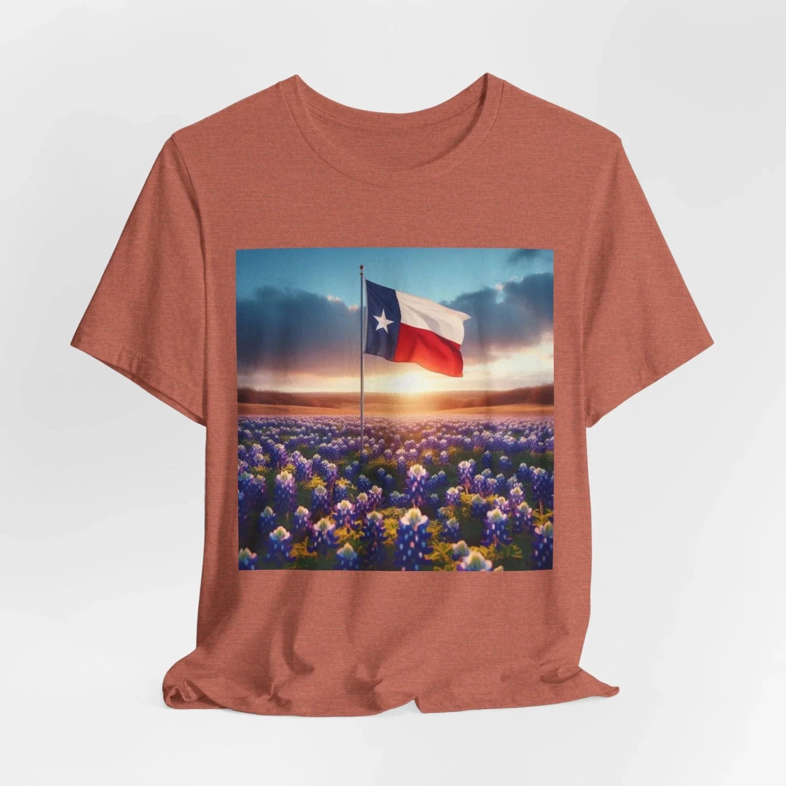 Unisex Jersey Short Sleeve Tee: Texas Flag w/ Bluebonnets Unisex T-shirt, Sweatshirt, Hoodie, Long Sleeve Tee - T-Shirt, Sweatshirt, Hoodie