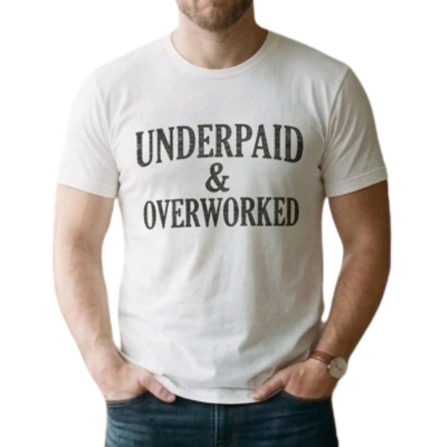 Underpaid & Overworked Slogan T-Shirt - Mens Aesthetic Minimalist Graphic Tee Unisex T-shirt, Sweatshirt, Hoodie, Long Sleeve Tee - T-Shirt, Sweatshirt, Hoodie